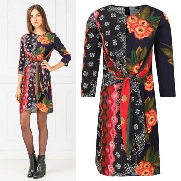 Desigual Dana Draped Print Mini Dress Blue Multi Size 6 - Picture 3 of 12